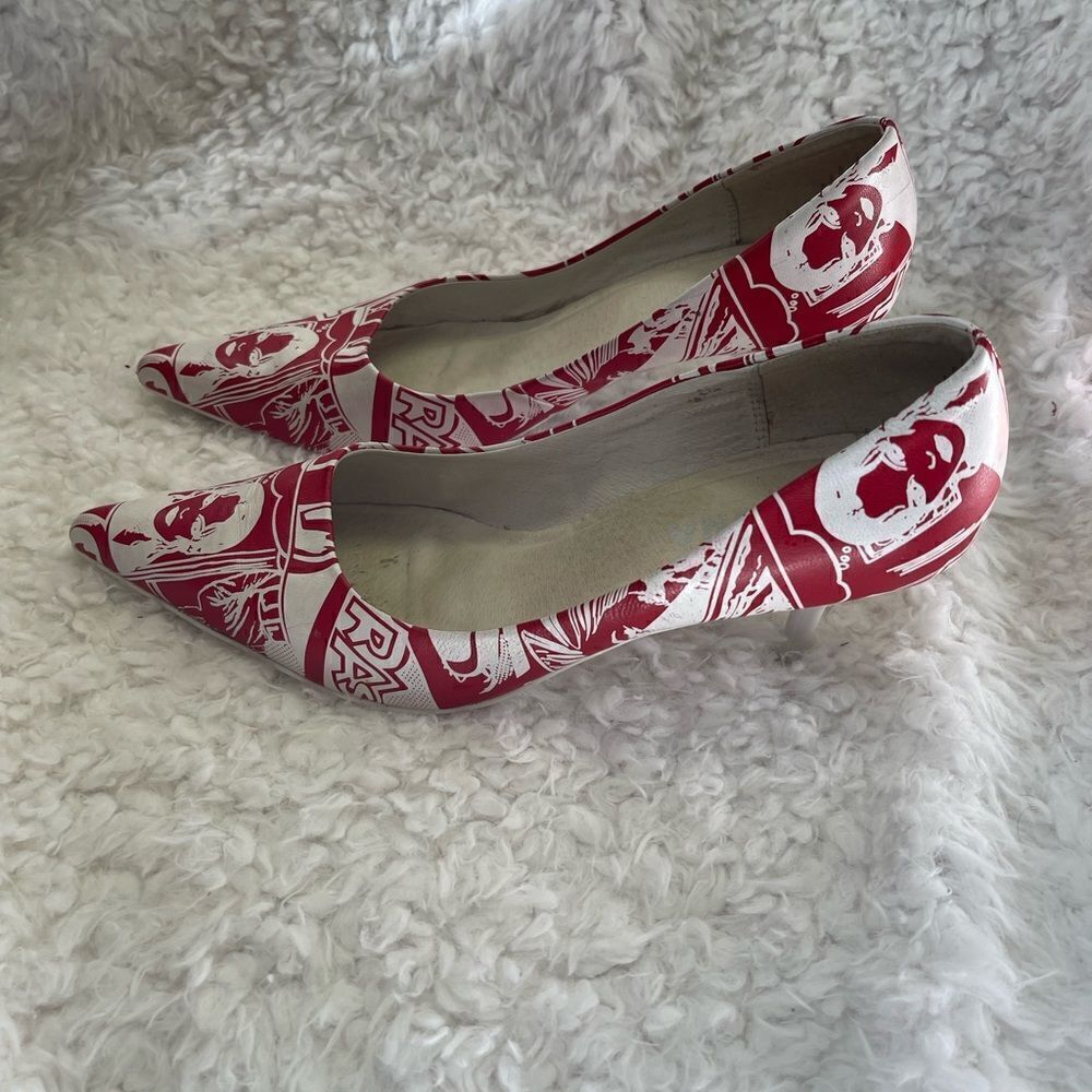 Naona leather Red and white graphic print 2.5” heels pointed toe slip on…